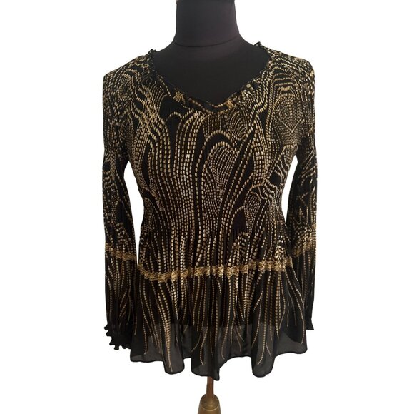 Melissa Paige Tops - Melissa Paige Petite Women's Long Sleeve Blouse Size P/S Black & Gold Pattern